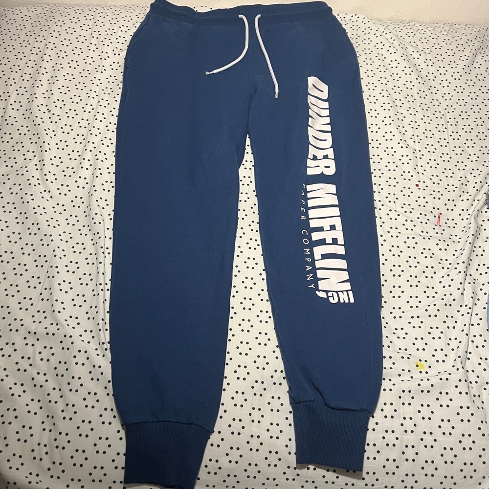 Dark blue Dunder Mifflin (The office) sweatpants.
